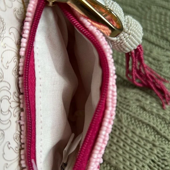 India Handmade Pink Beaded Cocktail Pouch with Tassel - Picture 5 of 9